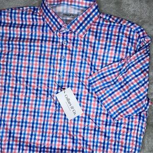 Collars and Co Polo Shirt Short Sleeve Mens 2XL Blue Pink Check Performance